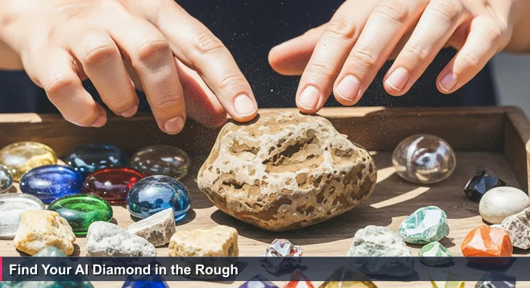 Hands sifting through uncut gemstones at a Sonoma County flea market, with focus on a hidden raw diamond representing AI career opportunities in local industries.