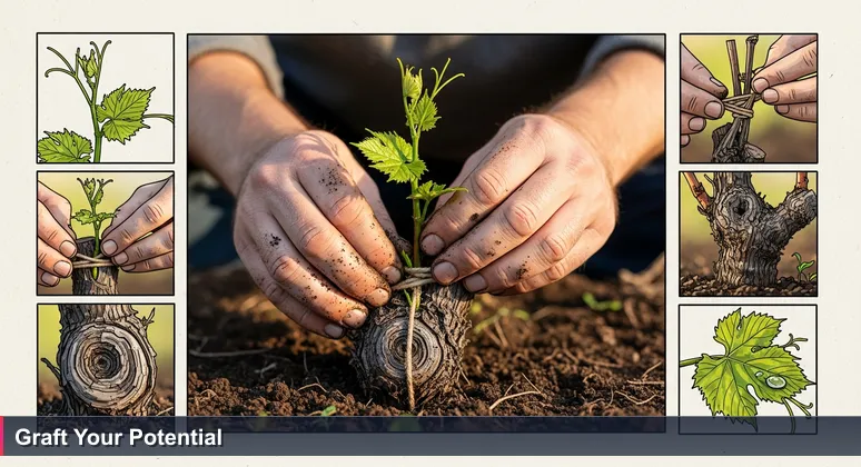 Close-up of hands grafting a young plant shoot onto a vine rootstock in rich soil, symbolizing career growth for junior developers in Santa Rosa's tech startups.