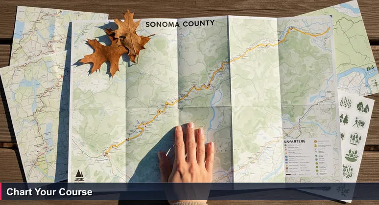A woman's hand traces a highlighted network of trails on a worn map of Sonoma County, resting on a wooden picnic table, symbolizing navigation of tech career paths in Santa Rosa.