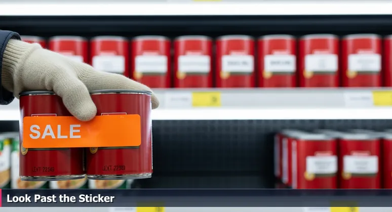 A shopper's hand in a Publix grocery aisle comparing two cans, with a sale sticker partially obscuring the expiration date on the bottom rim, symbolizing hidden details in tech job offers.