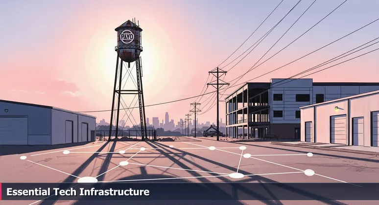 A water tower at dawn in Lakeland, Florida, with modern tech buildings and power lines, symbolizing the city's role as a vital infrastructure hub for tech careers between Tampa and Orlando.