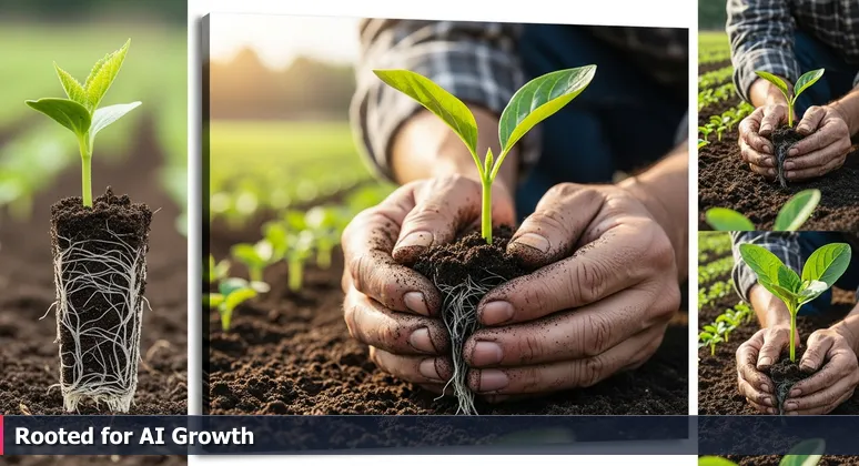 A gardener's hands holding a young seedling in rich Florida soil, symbolizing AI startup growth in Lakeland's tech ecosystem.