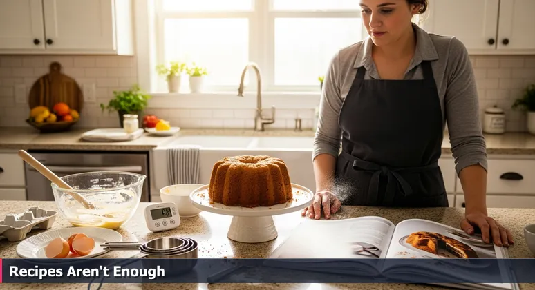 A frustrated home cook in a Lakeland kitchen, surrounded by cooking tools and a failed dish, representing the challenge of mastering AI engineering.