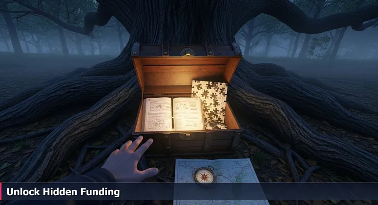 First-person view of a hand reaching for an ornate, glowing chest buried under live oak roots, symbolizing hidden funding opportunities for tech careers in Lakeland, FL.