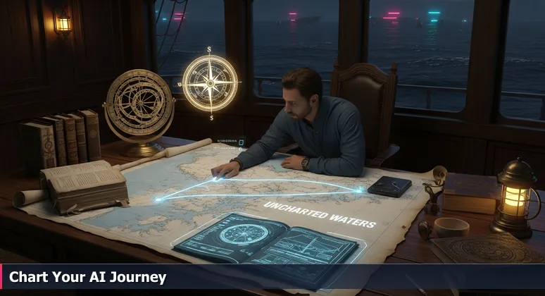 A navigator on a moonlit sailing ship traces a map from coast to uncharted waters, with distant ships' lights representing AI networking communities in Lakeland, FL.