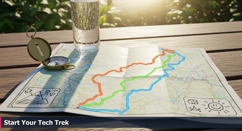 A weathered trail map on a wooden picnic table with highlighted routes and a compass, symbolizing career pathways for tech jobs in Lakeland, Florida.