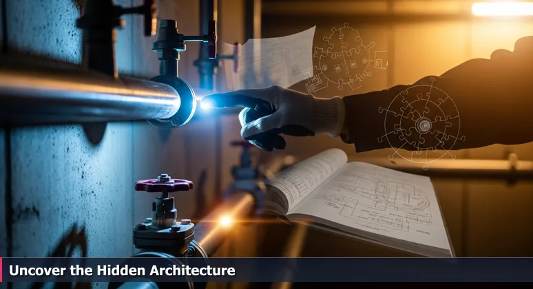 A maintenance worker's hand traces complex pipes in a basement, symbolizing the hidden cybersecurity infrastructure of Lakeland, FL in 2026.