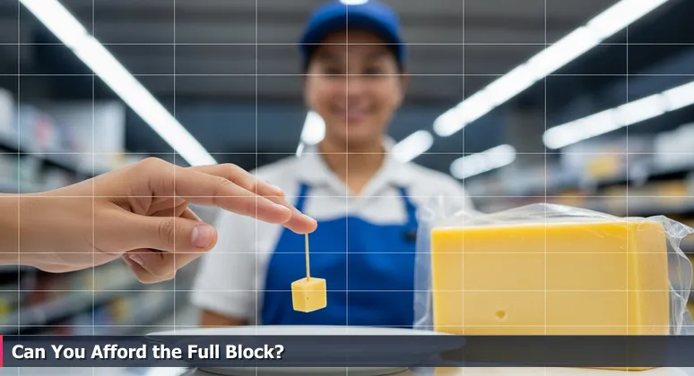A hesitant hand reaches for a cheese sample at a supermarket, with an employee and a full cheese block in the background.