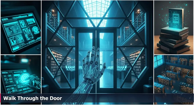 A hand hesitating at the entrance to Lakeland Public Library, with sunlight streaming through glass doors onto computers and books, symbolizing access to free tech training resources.