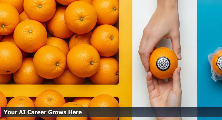 A hand in a Lakeland grocery store reaching past vibrant Florida oranges towards a shiny imported apple, symbolizing career choices in AI between local opportunities and distant tech hubs.