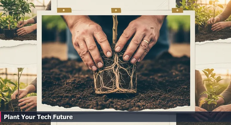 Close-up of hands in gardening gloves brushing soil from citrus tree roots in a Lakeland nursery, symbolizing evaluating startup foundations for junior developer career growth.