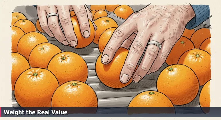 Close-up of hands sorting oranges at a Lakeland citrus packinghouse at dawn, symbolizing the search for substance in tech communities.