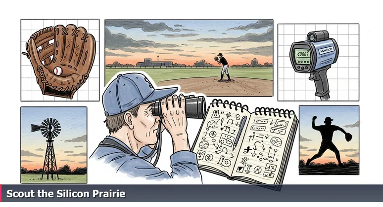 A baseball scout uses binoculars to observe a pitcher on a dusty Texas field, symbolizing the search for emerging AI startup talent in Dallas's growing tech scene.