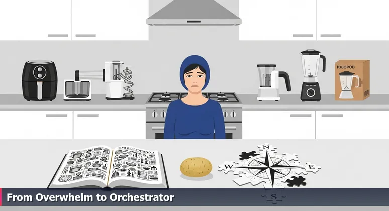 A person in a modern kitchen surrounded by gadgets, staring at a raw potato, symbolizing the challenge of beginning an AI career in Dallas.