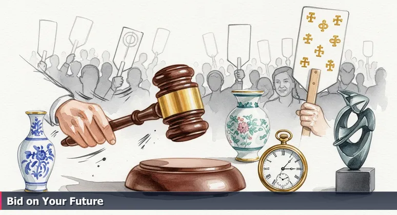 An auctioneer's gavel poised to strike, with blurred crowd holding bid paddles. One paddle features dollar signs, symbolizing high-tech salaries in Dallas.