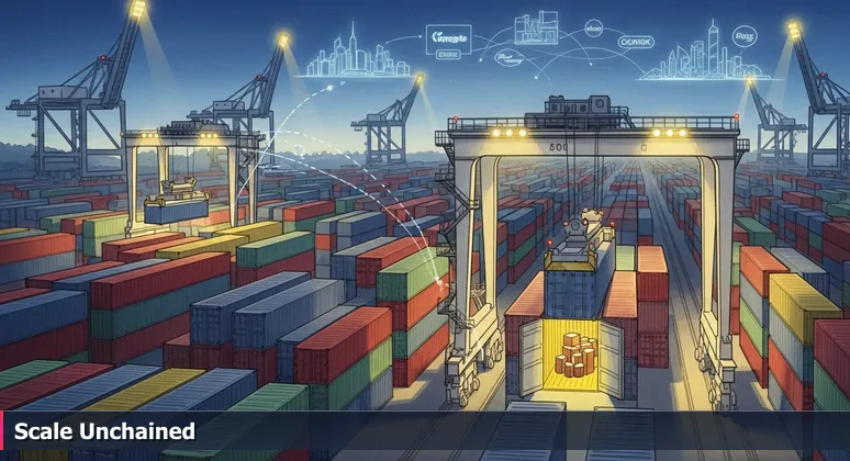 A twilight rail yard with automated cranes stacking shipping containers, symbolizing Dallas-Fort Worth's scalable tech infrastructure and efficient talent hub for 2026.