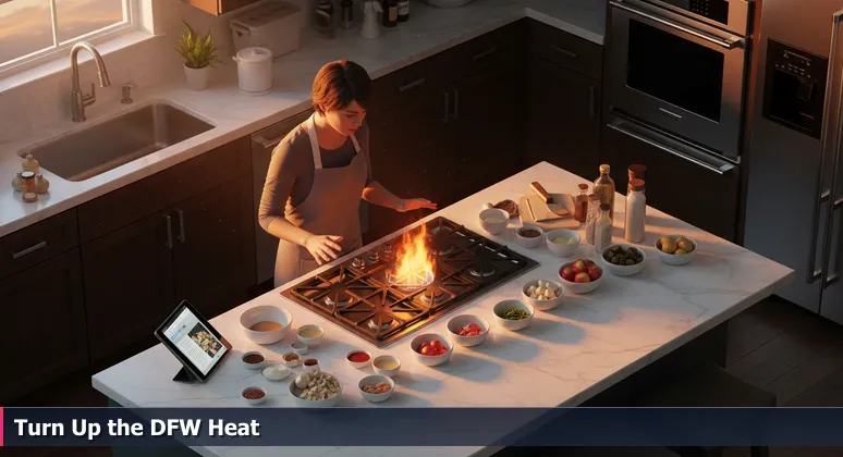 A person in a Dallas kitchen at dusk, hesitating over a stove with measured ingredients and a glowing burner, symbolizing the anticipation before starting an AI career.