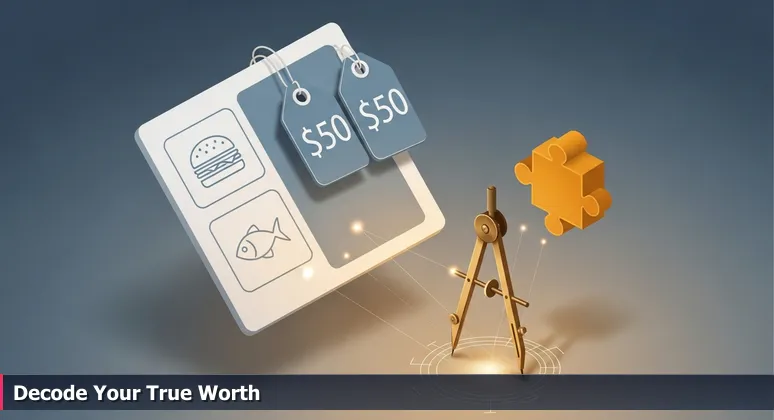 A person looking puzzled at a menu titled 'AI Salaries Dallas 2026' with high price tags, symbolizing the need to decode total compensation beyond base pay in DFW's tech scene.