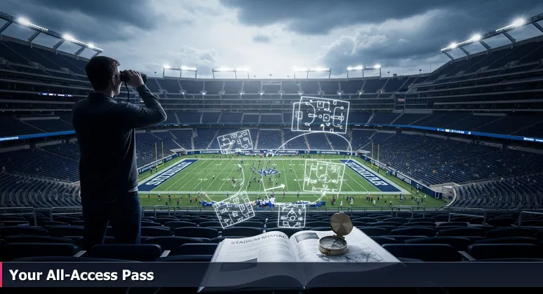A solitary figure in the nosebleed seats of AT&T Stadium peers through binoculars at the vibrant field below, symbolizing the disconnect from Dallas's AI community.