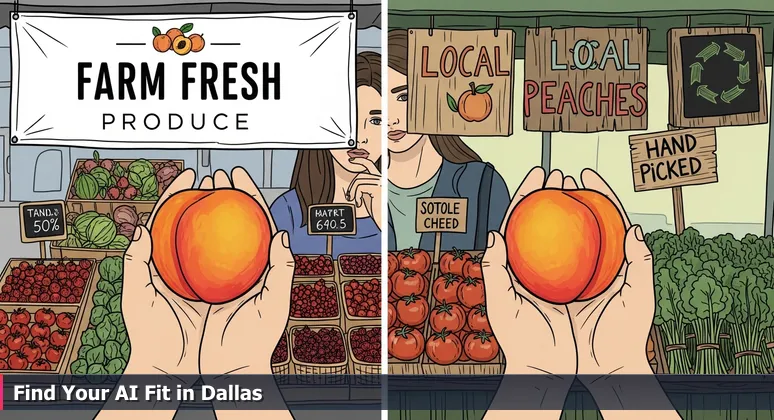Hands holding two peaches at a bustling Dallas farmer's market, symbolizing the thoughtful choice among top AI engineering companies in DFW for 2026 careers.