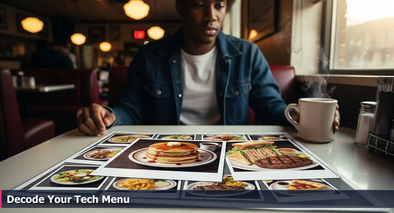 A person in a Dallas diner pondering over a large menu with tech career options, symbolizing the choice of apprenticeships and jobs.