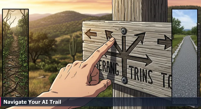 Close-up of a hiker's hand tracing arrows on a weathered wooden trail marker in Texas Hill Country, symbolizing career path choices in AI bootcamps for Dallas professionals.