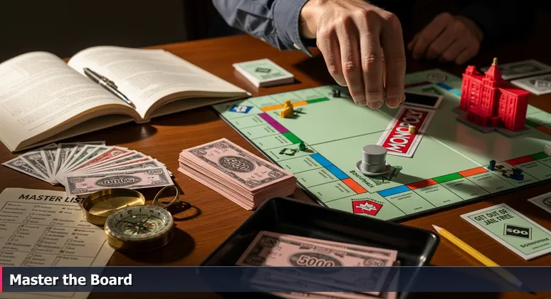 Close-up of a Monopoly board with a hand holding money over an empty cash tray, a top hat token on Boardwalk with a red hotel, and a discarded Get Out of Jail Free card nearby.