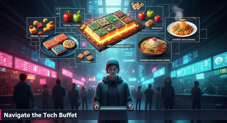 A person looking overwhelmed in a busy food court with signs for tech courses like AI and Python, symbolizing the challenge of choosing tech training in Dallas.