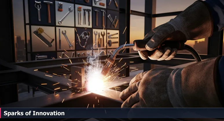Close-up of a construction worker's hands welding steel beams with bright sparks, symbolizing AI integration in Dallas's foundational industries like healthcare and logistics.