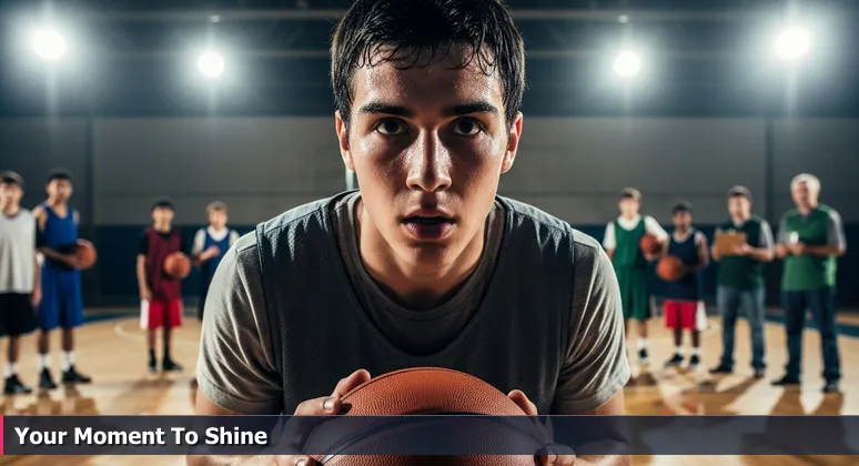 A high school basketball tryout with players in mismatched jerseys and scouts holding clipboards, symbolizing skills-based tech hiring in Dallas-Fort Worth for 2026.