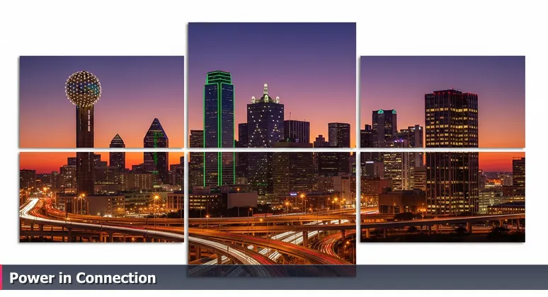 Dallas skyline at twilight with Reunion Tower, Frost Bank spire, and Magnolia Building connected by glowing bridges, symbolizing tech community networks.