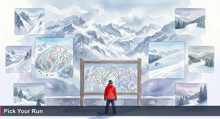 Snowboarder in a red jacket studies a Grandvalira piste map while the real mountain with jagged ridges and drifting snow looms behind, evoking quiet anticipation.