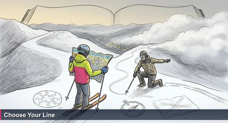 Late-winter Grandvalira scene: a lone skier at a three-way junction in fog, a ski patroller drawing a line in the snow, distant Andorra la Vella lights glowing in the valley.