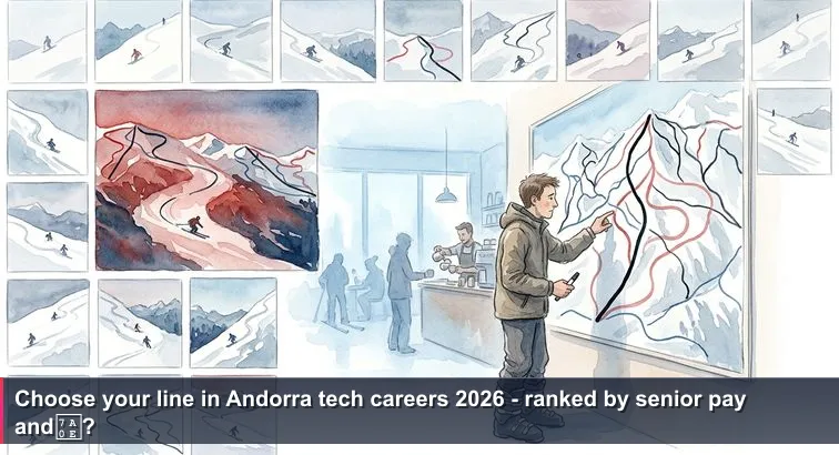 Morning café in Andorra la Vella with fogged windows, ski boots on the floor, a barista at the counter, and a skier tracing routes on a wall-sized Pyrenees piste map with a marker.