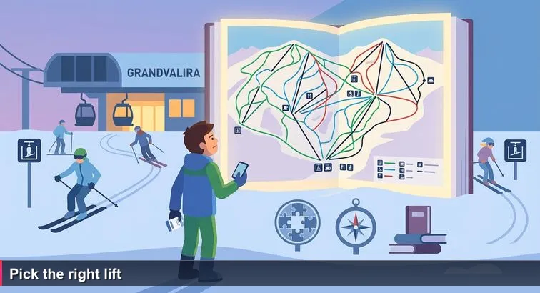 Person in borrowed ski gear standing at the illuminated Grandvalira piste map at dusk, looking confused while locals ski past; map shows colored green/blue/red/black routes.