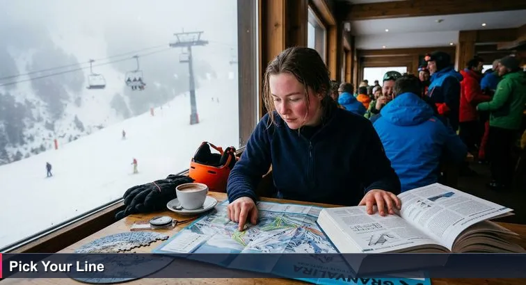 A crowded café in Grau Roig with a skier unfolding a bright Granvalira piste map at a wooden table while foggy snowy slopes and chairlifts are visible through the window.