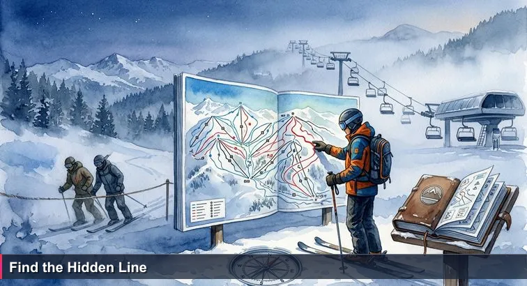 Pre-dawn Grandvalira scene: a skier in a bright jacket studies a large piste map while two locals slip under a rope to follow an unmarked traverse; chairlift chairs swing overhead.