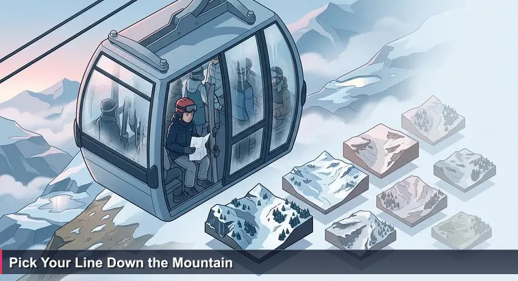 Inside a fogged Grandvalira gondola at first light: a skier holds a crumpled ‘Top 10 Black Runs’ printout while the misty Pyrenees slope appears outside the glass.