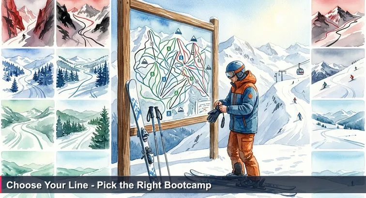 A skier in winter gear studies a large piste map above Encamp, Pyrenean slopes and chairlifts in the background, capturing the tension of choosing the right run.
