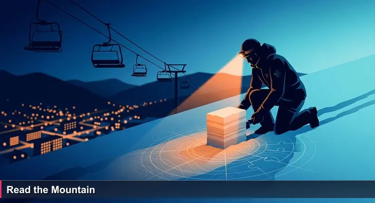 Pre-dawn Grandvalira ridge with a lone ski patroller slicing a snow column by headlamp; Andorra la Vella lights glow below, evoking vigilance and high-stakes decision-making.