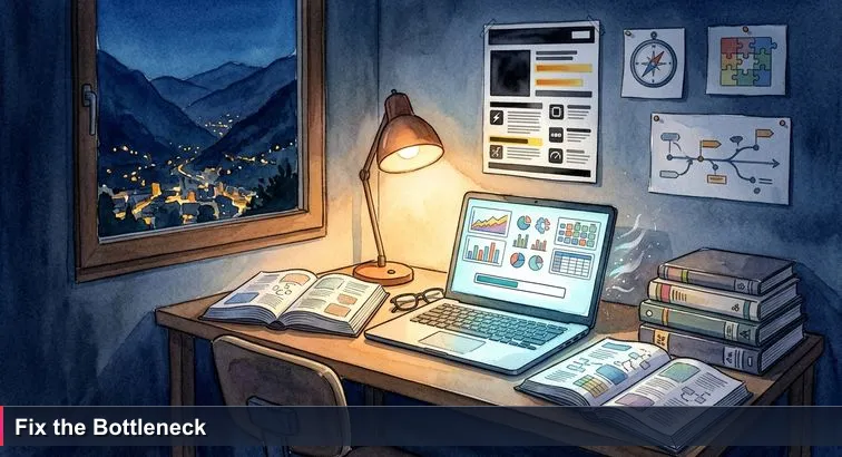 Night-time Andorra la Vella studio with an overworked laptop showing a stalled ML training progress bar, a spec-sheet on the wall, and valley lights outside the window.