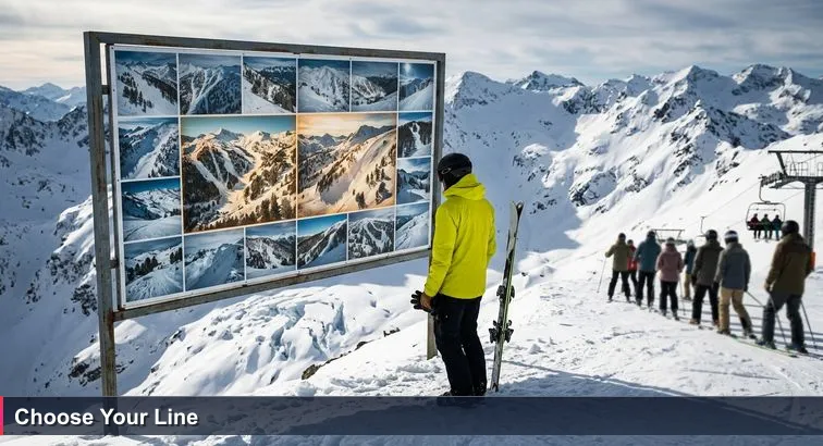Skier in a yellow jacket studies a large piste map above Andorra, snow-covered Pyrenean ridge and distant Andorra la Vella skyline behind, evoking choice and uncertainty.