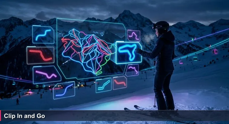 Young person in a ski jacket studies a giant Grandvalira piste map with ten highlighted runs; snow, chairlifts and mountain backdrop convey the choice of tech career paths in Andorra.