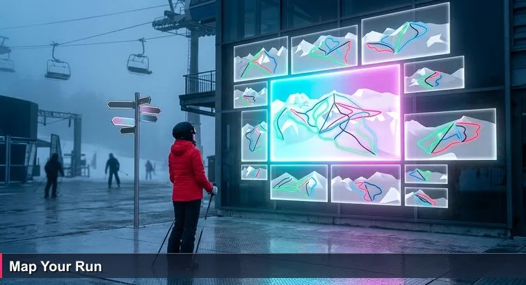 A young woman in a bright red ski jacket studies a large weathered Grandvalira piste map on a misty morning, coloured runs and lift chairs visible through fog.