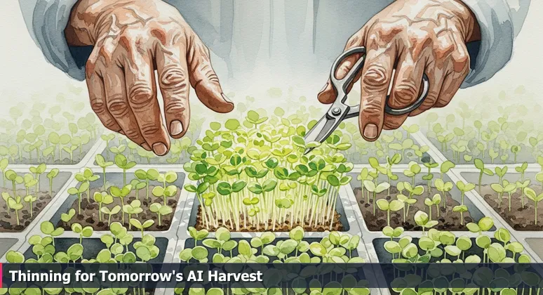 Close-up of gardener's hands with shears thinning young green seedlings, representing the selection of promising AI startups in Brownsville's tech ecosystem.