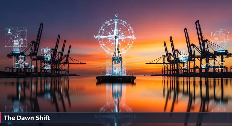 A sunrise over the Port of Brownsville with automated cranes moving against a colorful sky, symbolizing the AI-driven transformation of the Rio Grande Valley.