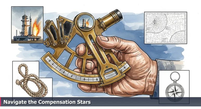A close-up of a weathered hand holding a vintage sextant, aimed at the illuminated SpaceX rocket launch pad in Boca Chica, Texas, with the rocket reflected in the instrument.