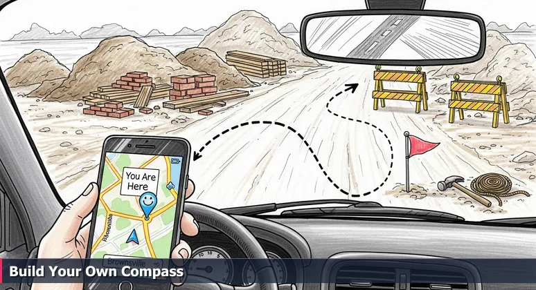 A smartphone displaying a GPS map with a 'You Are Here' dot on a road that doesn't exist in Brownsville, with real-world construction and a SpaceX rocket in the background.
