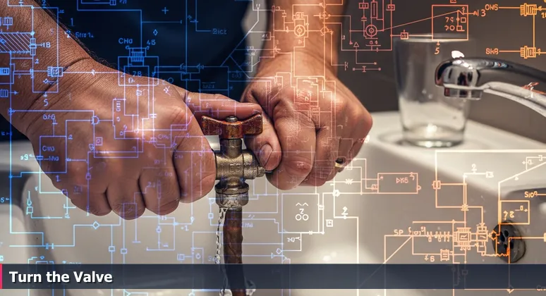 Close-up of hands gripping a rusted valve under a sink, with water droplets and a waiting glass, symbolizing the funding challenge for tech training in Brownsville and the solution through local programs.