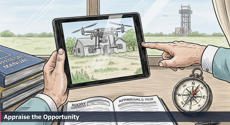 A real estate appraiser's hands hold a tablet with a drone view of a house, pointing towards a distant SpaceX launch tower in Brownsville, TX.